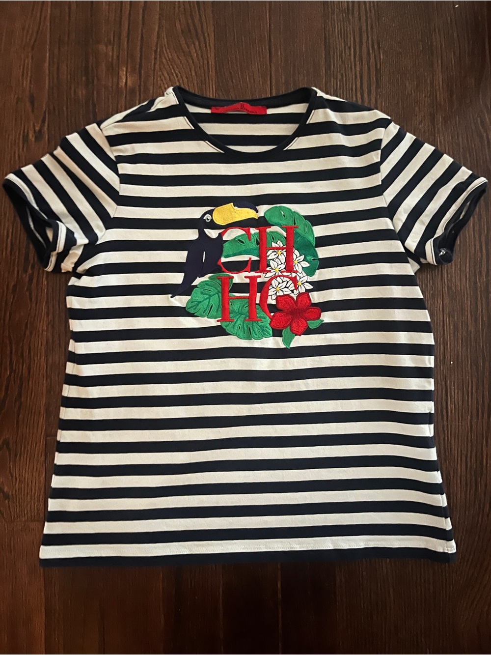 Carolina Herrera Navy & White Striped Tee with Tropical Embroidery